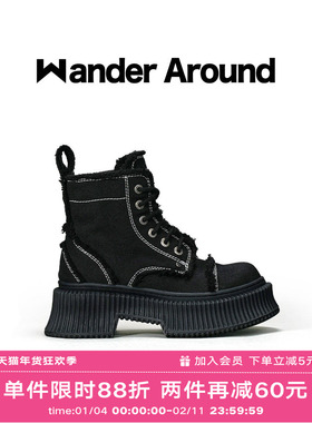 Wander Around漫行宝莉靴2024年爆款春夏黑色帆布马丁靴百搭短靴