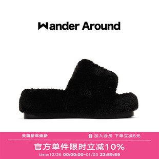 厚底增高黑色毛毛拖鞋 新款 女 around漫行2025冬季 Wander