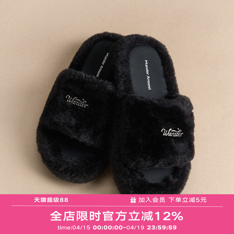 Wander around2026春秋新款厚底增高一字拖黑色外穿毛毛拖鞋女