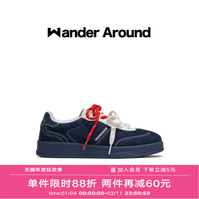 Wander around2025秋季新款藏青拼色厚底增高休闲鞋复古德训鞋女