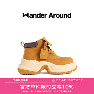 马丁靴休闲大黄靴女 砂砾黄厚底增高短款 Wander around漫行秋冬款