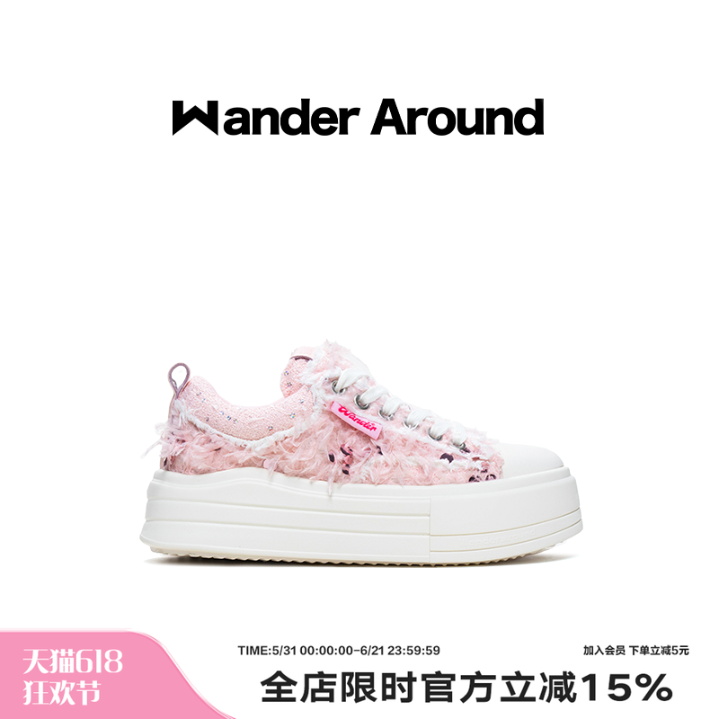 Wander around2025年秋季新款云朵系列粉色羽毛厚底增高帆布鞋女