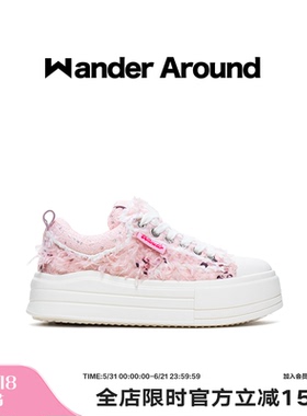 Wander around2025年秋季新款云朵系列粉色羽毛厚底增高帆布鞋女
