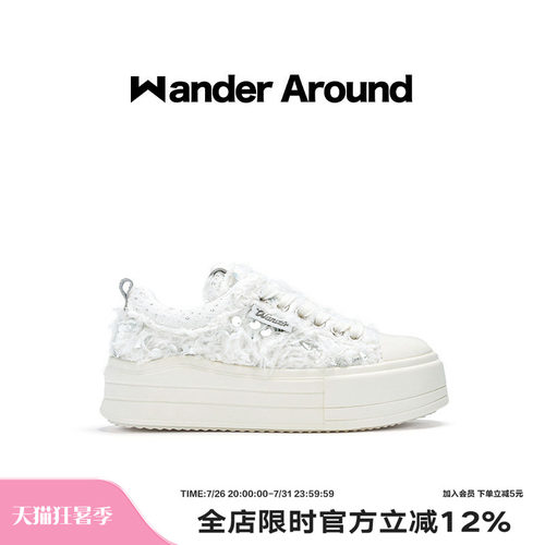 Wander around2025年秋季新款云朵系列白色羽毛厚底增高帆布鞋女