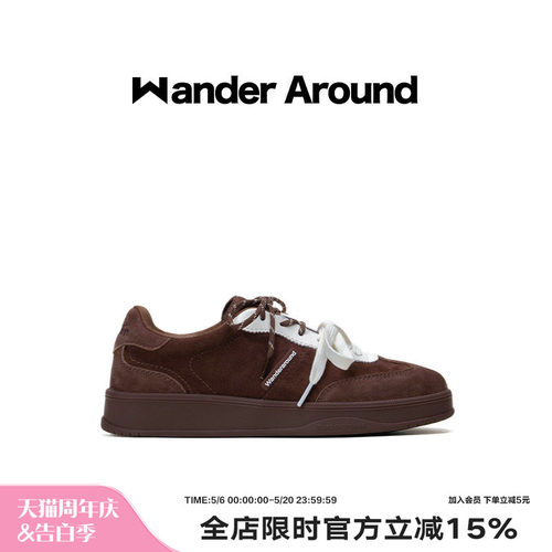 Wander around2025秋季新款棕色拼白厚底增高休闲鞋复古德训鞋女