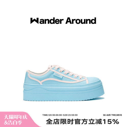 Wander around夏季薄款厚底增高6CM休闲百搭马卡龙蓝色帆布鞋女
