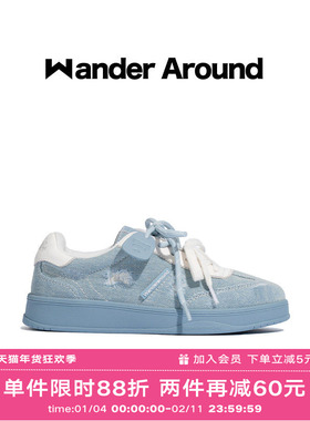 Wander around2025秋季新款牛仔拼色厚底增高休闲鞋复古德训鞋女