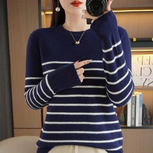 Color Ble New Wool Pullover Strip neck Women Winter Autumn