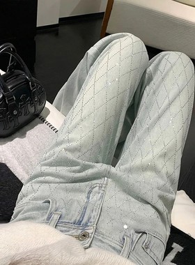 Women Blue Baggy Plaid Jeans Vintage Y2k Cowboy Pants Haraju