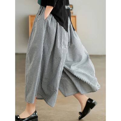 Elegant Woman Dress Plaid Pants Thin Cotton Linen Wide Leg T