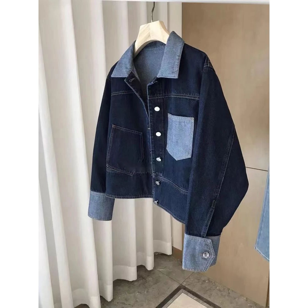 Retro Contrasting Color Laple Denim Jacket for Women 2024 Au
