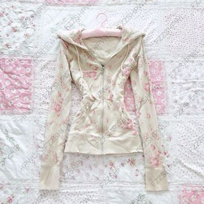 American Vintage Long Sleeves Women Print Zipper Tops Retro