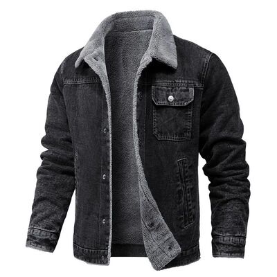 Men Winter Black Denim Jackets Fleece Warm Coats Good Qualit