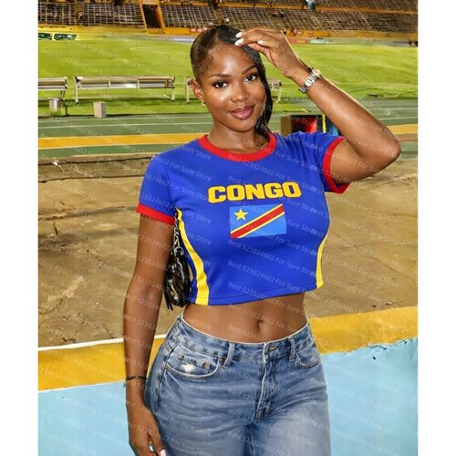 Women Congo Flag Crop Tops Short Sleeve Ringer T-Shirt Congo