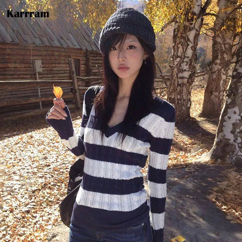 Karrram Japanese Y2k V-neck Striped Sweater Vintage Harajuku