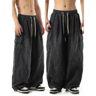Black Baggy Cargo Jeans Trousers Men Casual Wide leg Jogging