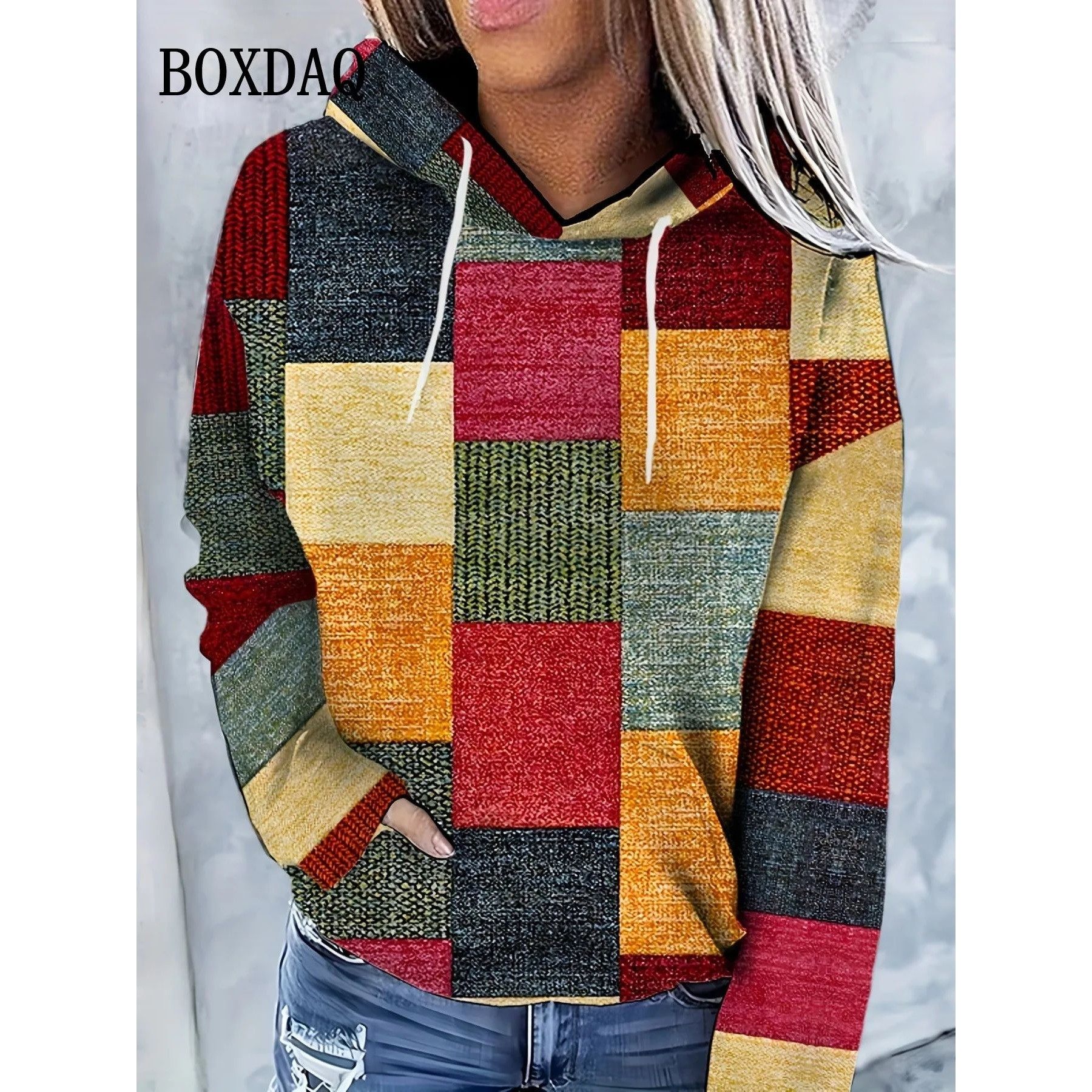 New Geometric Pattern Hoodies Color Block Plaid 3D Print Wom