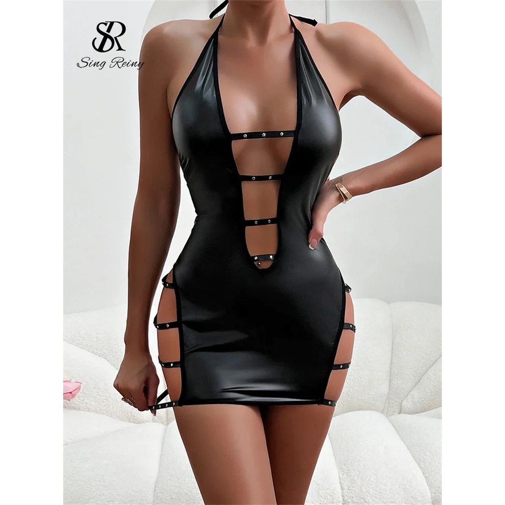 SINGREINY Halter Camis Sexy PU Erotic Night Dress Sleevless