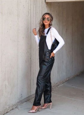 hirigin  Women Leather Bib Overalls Solid Color Loose Casual