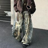 Street Denim Destruction American Style Embroidered Pants