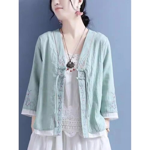 Summer Cotton Linen Cardigan for Women Chinese Style Embroid