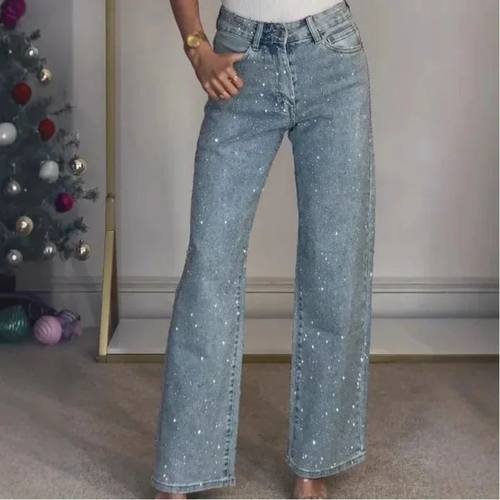 2025 Women Jeans Straight Diamonds Pants Stretch High Waist