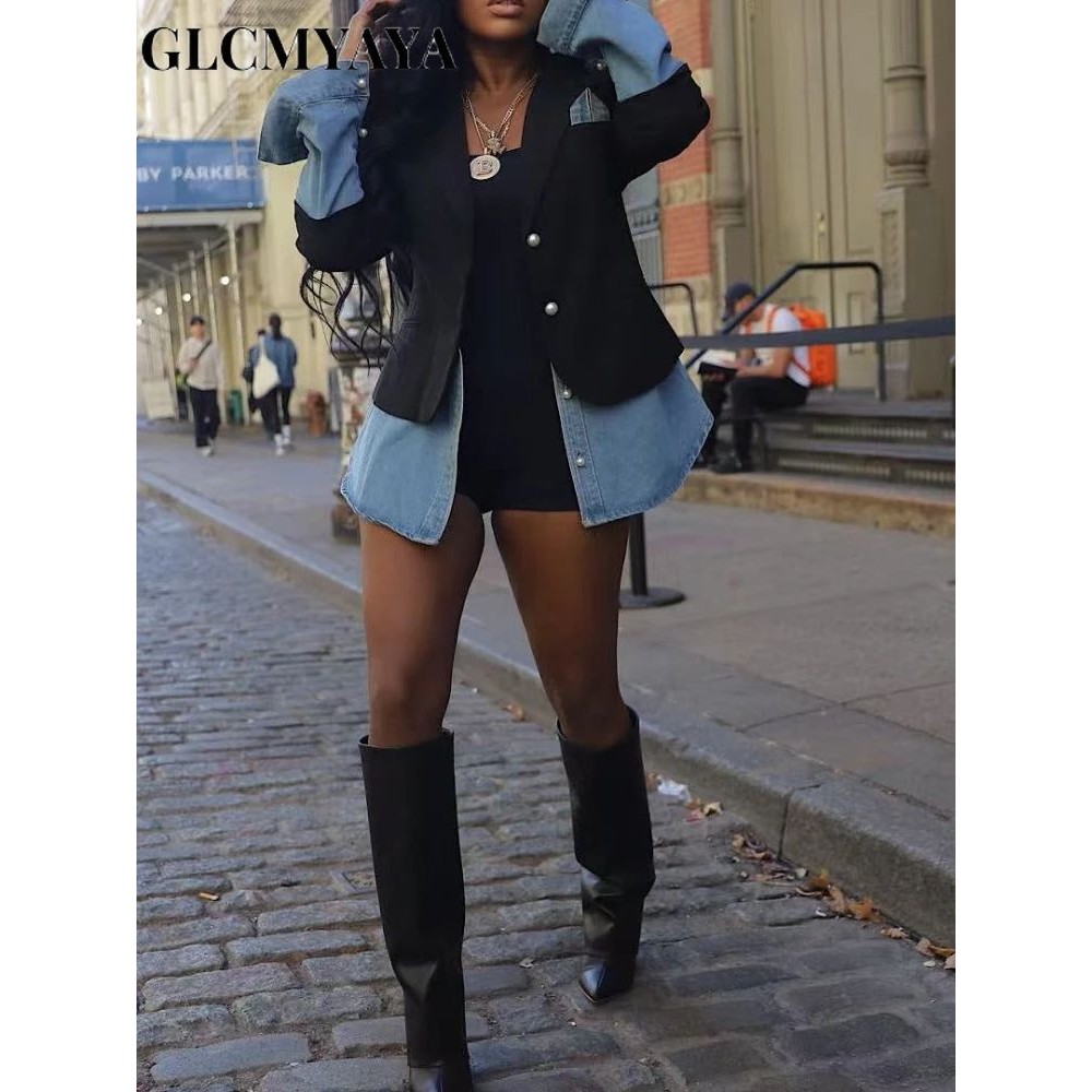 GLCMYAYA Women Patchwork Denim Long Sleeve Single Breasted J