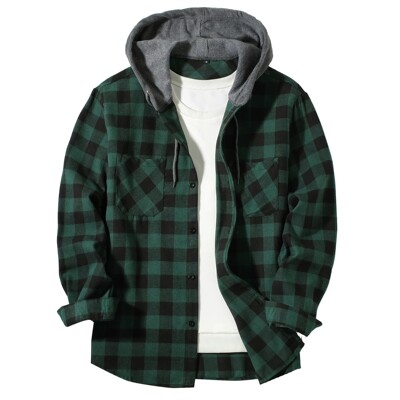 New Coat Spring and Autumn Men's Loose Plaid Hooded Shirt La