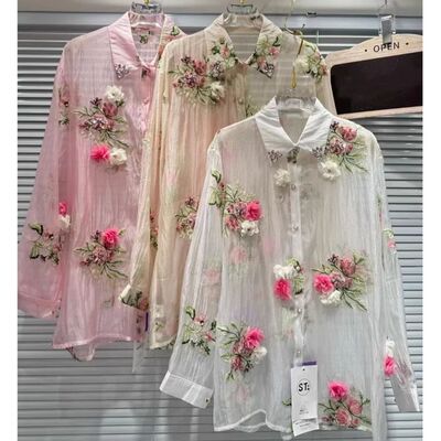 Woman Diamonds Beaded 3D Flowers Embroidered Chiffon Shirt F