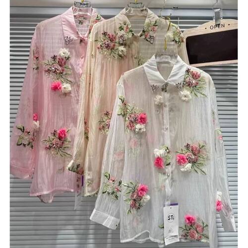 Woman Diamonds Beaded 3D Flowers Embroidered Chiffon Shirt F