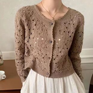 Long Sleeve Crochet Top for Women Sheer Button Up Hollow Out