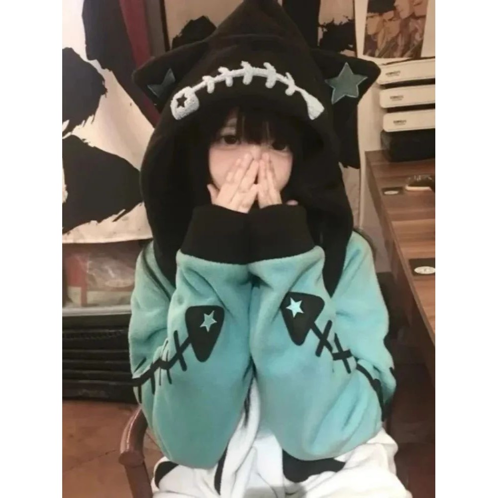 Contrast Color Kawaii Fish Bone Hoodies Women Vintage Y2k Ae