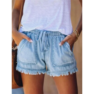 Women’s Denim Shorts Drawstring Elastic Waist Frayed Hem Sh
