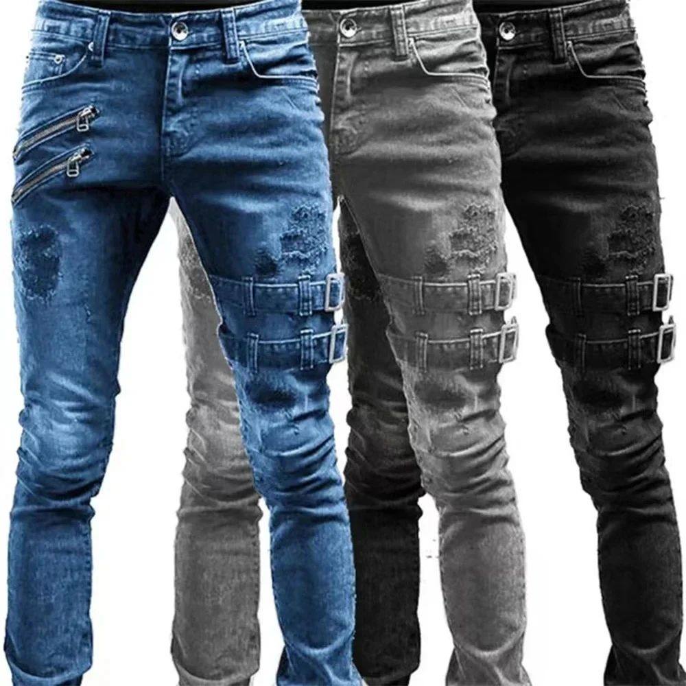 Retro Moto Biker Straight Elastic Jeans Men Zipper Hole Stre