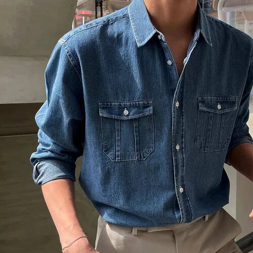 Streetwear Mens Denim Shirts Fashion Patchwork Pockets Long