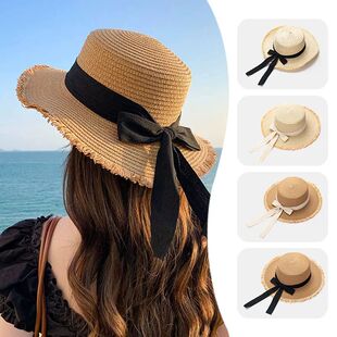 Brim Hat Outdoor Beach Women Straw for Sun Korean Wide Bow