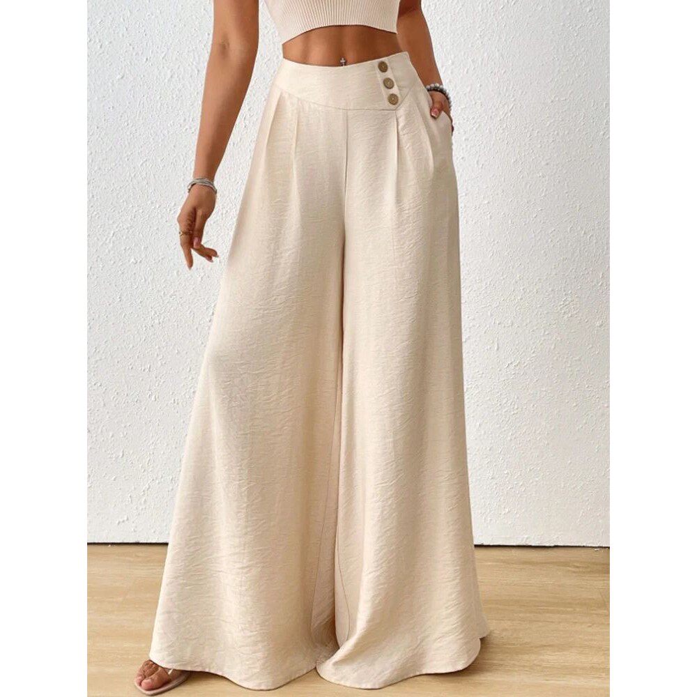 Ladies Summer Fashion Side Button Solid Color Wide Leg Pants