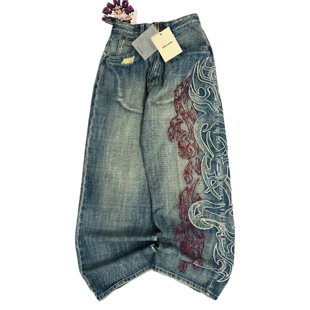 Y2K American New Pattern Embroidery Baggy Jeans Men High Str