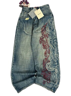 Y2K American New Pattern Embroidery Baggy Jeans Men High Str