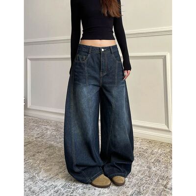 Blue Women's Retro Y2K 2000s Wide Leg Baggy Casual Denim Tro