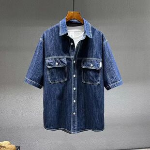 Summer New Men's Denim Short-sleeved Shirt Retro Large Size