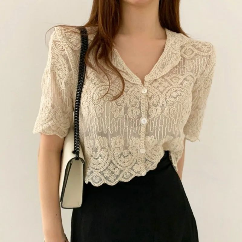 Sheer Embroidery Lace Blouse Cover Up Top Short Sleeve Butto
