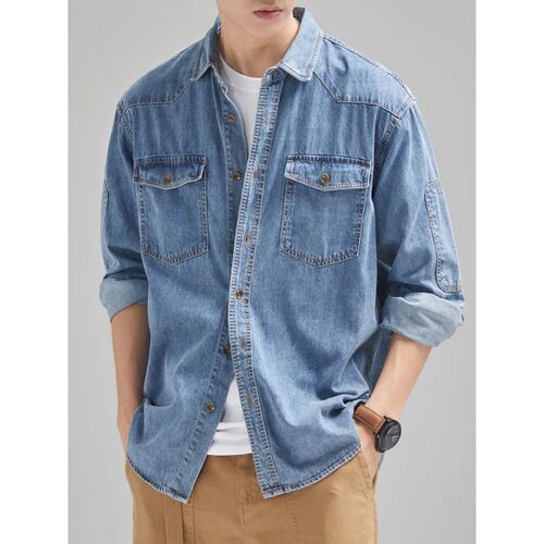 2026 New Denim Cotton Men's Shirt Long Sleeve Black Blue Dro
