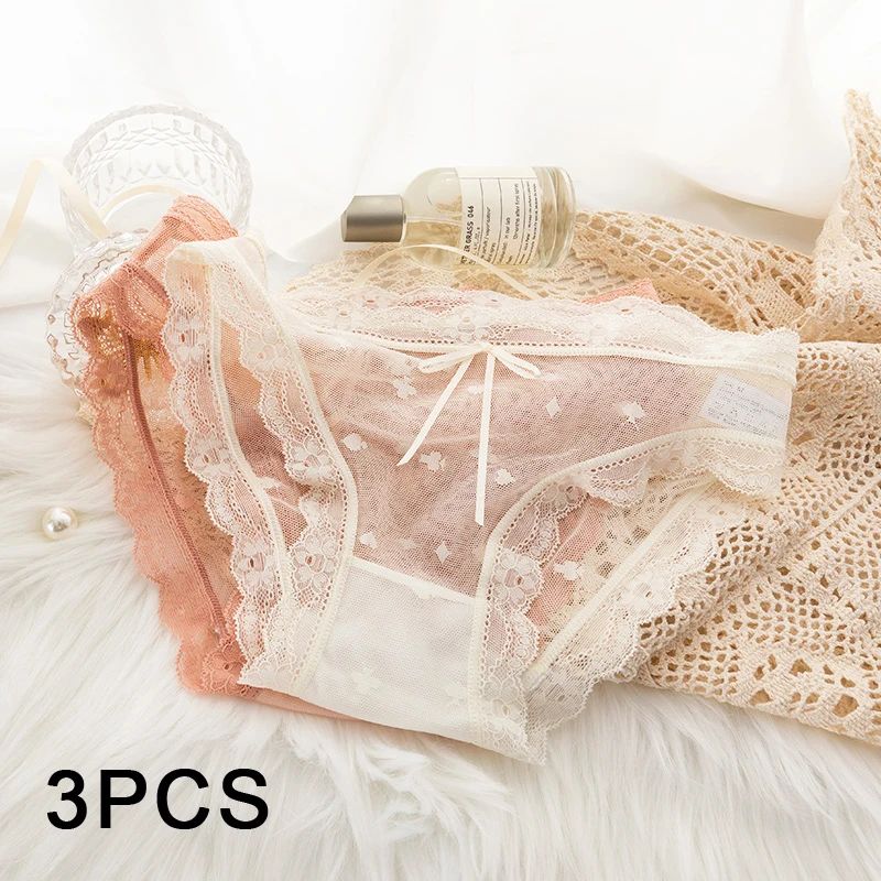 3PCS Lace Mesh Young Girl Underwear Pure Cotton Crotch Women