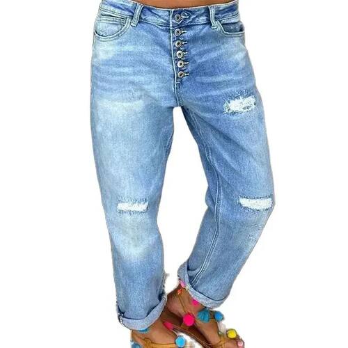 Fashion Women Broken Holes Straight Jeans Single-breasted Sp