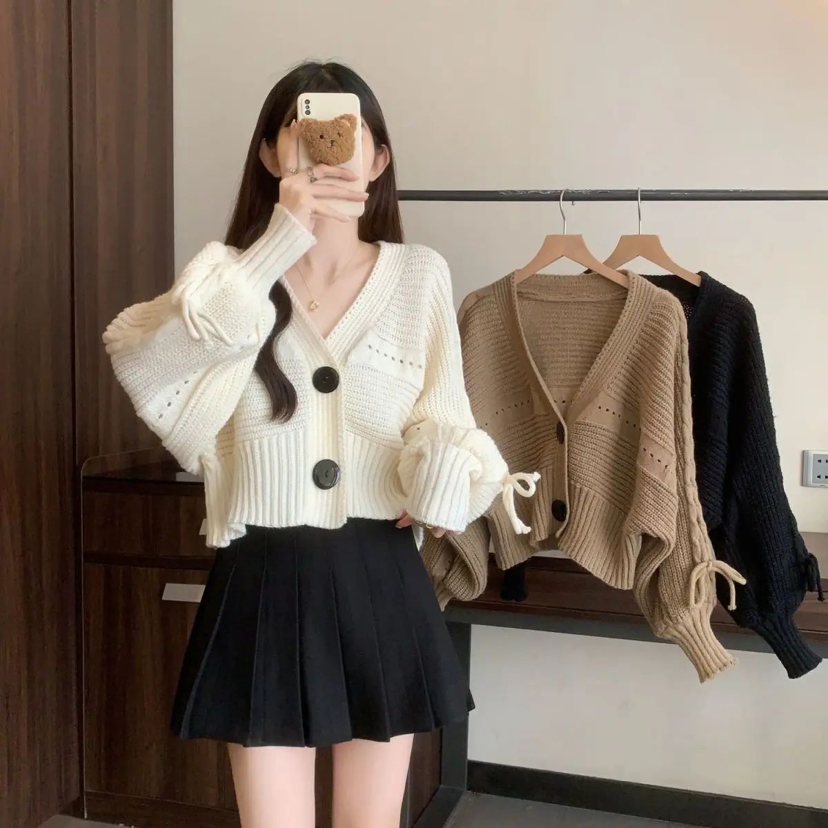 Thickened Knitted Open Cardigan Women's Loose Short Lantern