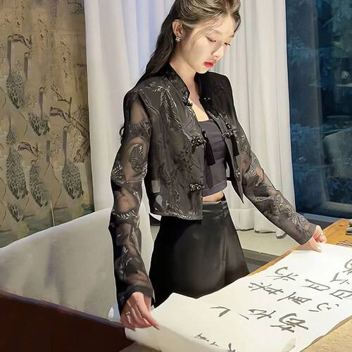 Chinese Summer Thin Jacket Women Black Cropped Coat Ladies E