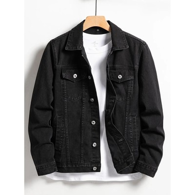 Men's denim jacket for spring and autumn. Black-collar denim