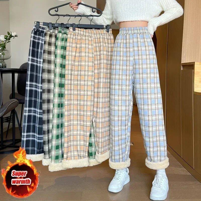 Fashion Warm Plush Pants Cashmere Thick Plaid Ladies Winter