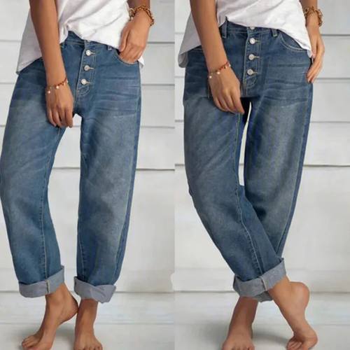 Jeans Straight Pants Women Denim Spliced Button Loose Pocket